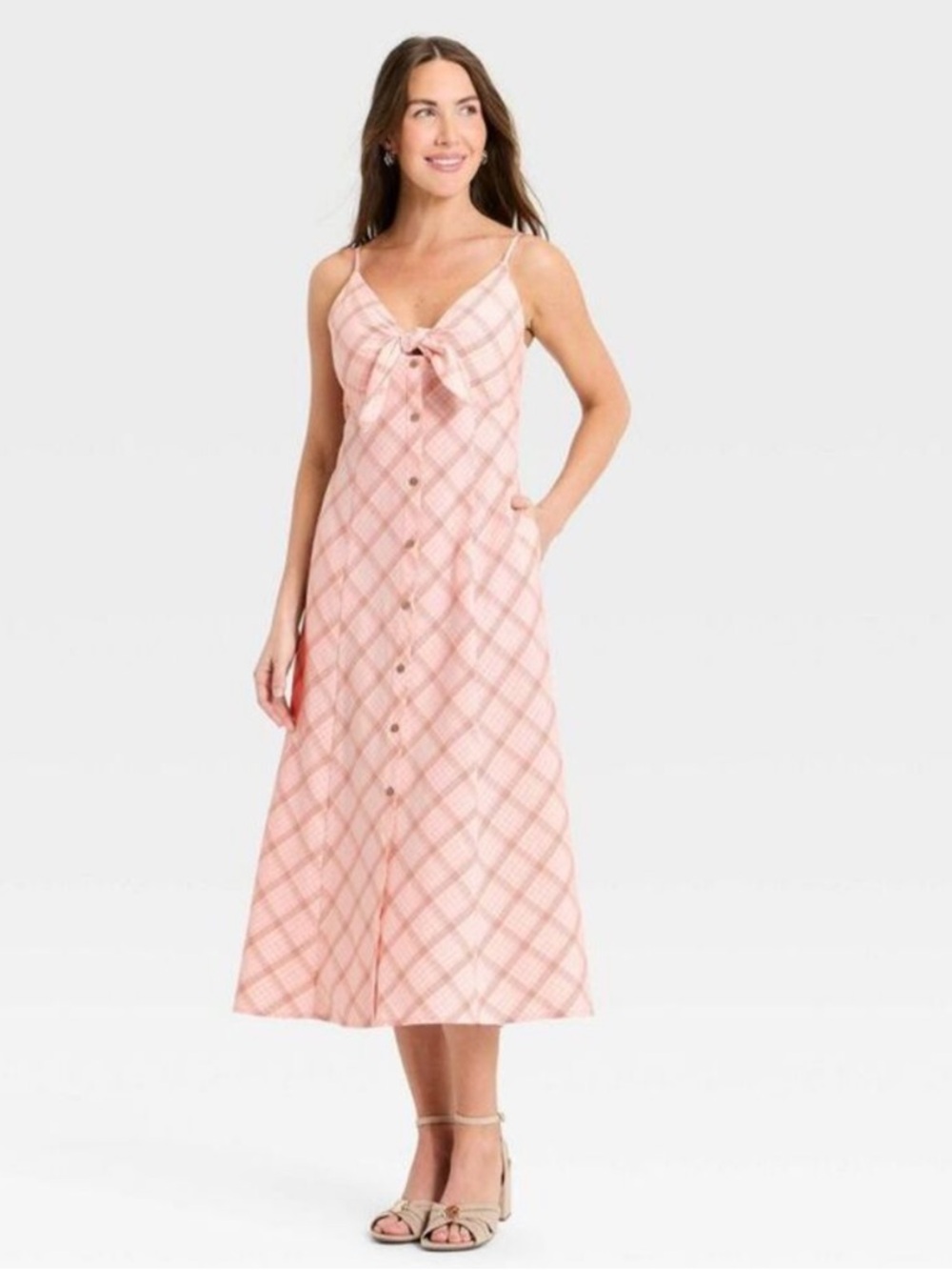 a new day Pink Plaid Strapless Midi Dress